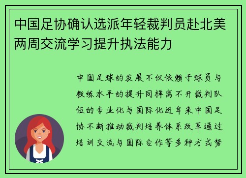 中国足协确认选派年轻裁判员赴北美两周交流学习提升执法能力 中国足协确认选派年轻裁判员赴北美两周交流学习提升执法能力